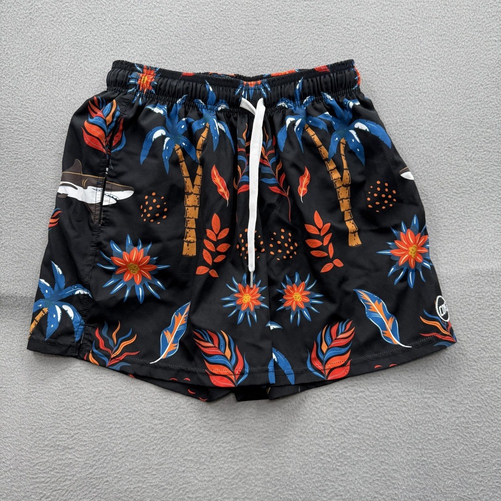 COVE Swim Shorts Mens 32 Black Tropical Palm Shark Trunks UnLined Stretch Beach
